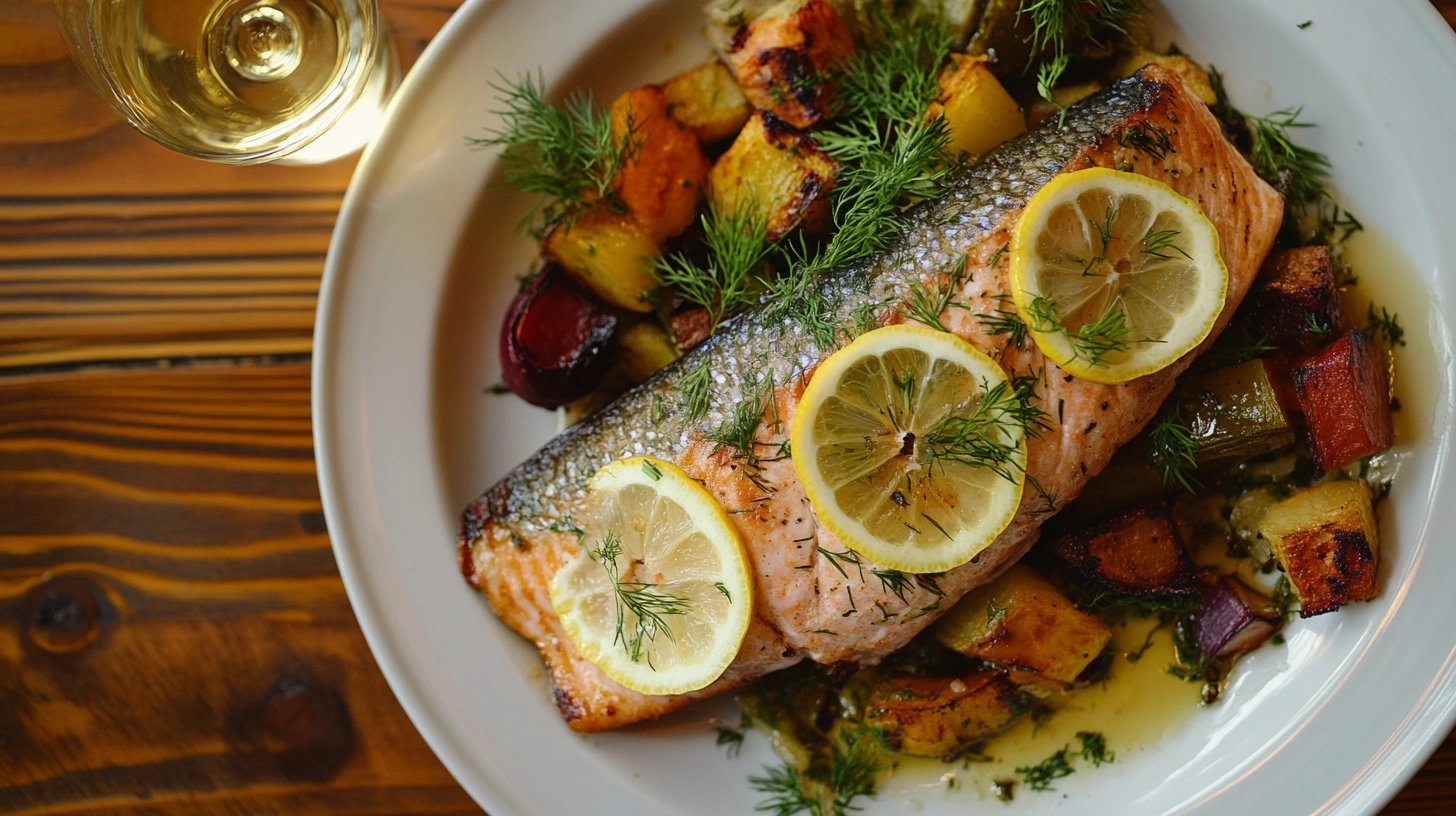 Steelhead fish recipe served with roasted vegetables and garnished with lemon and dill.