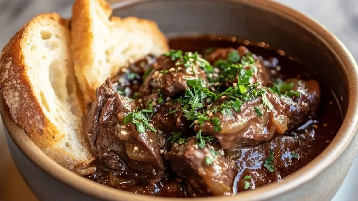 Plated beef heart stew with garnish and crusty bread.