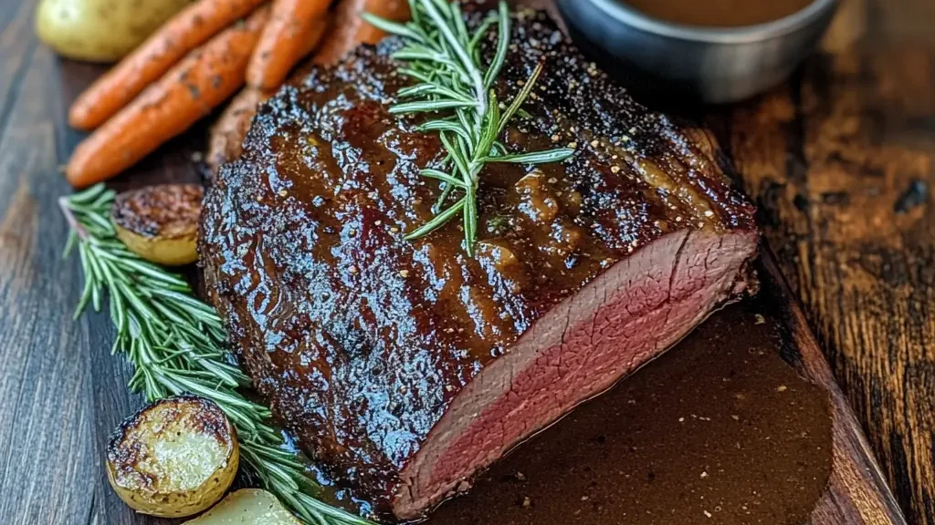 A beautifully cooked braised chuck roast garnished with fresh rosemary, served with roasted baby potatoes, glazed carrots, and a side of savory gravy on a rustic wooden board.