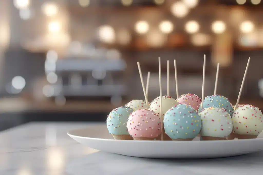 Plate of Starbucks-inspired cake pops with colorful coatings and sprinkles on a marble countertop.