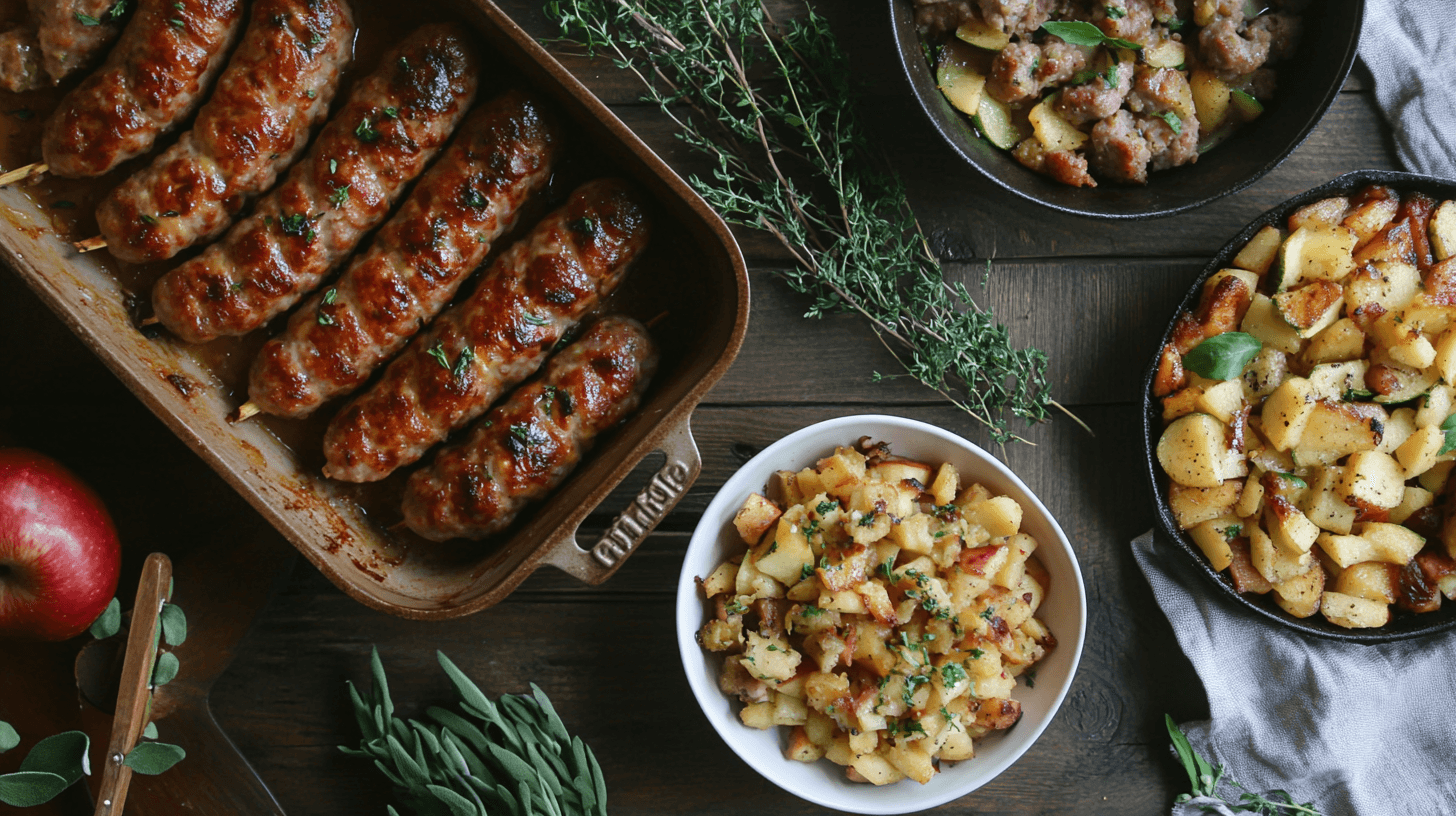 A variety of chicken apple sausage recipes, including hash and skewers, on a rustic table.