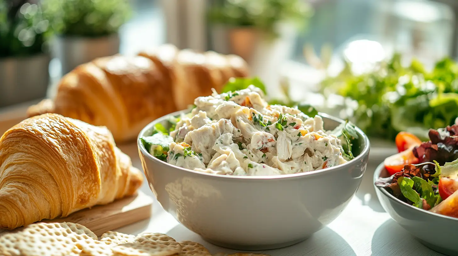 Bowl of Chicken Salad with Sandwich and Crackers