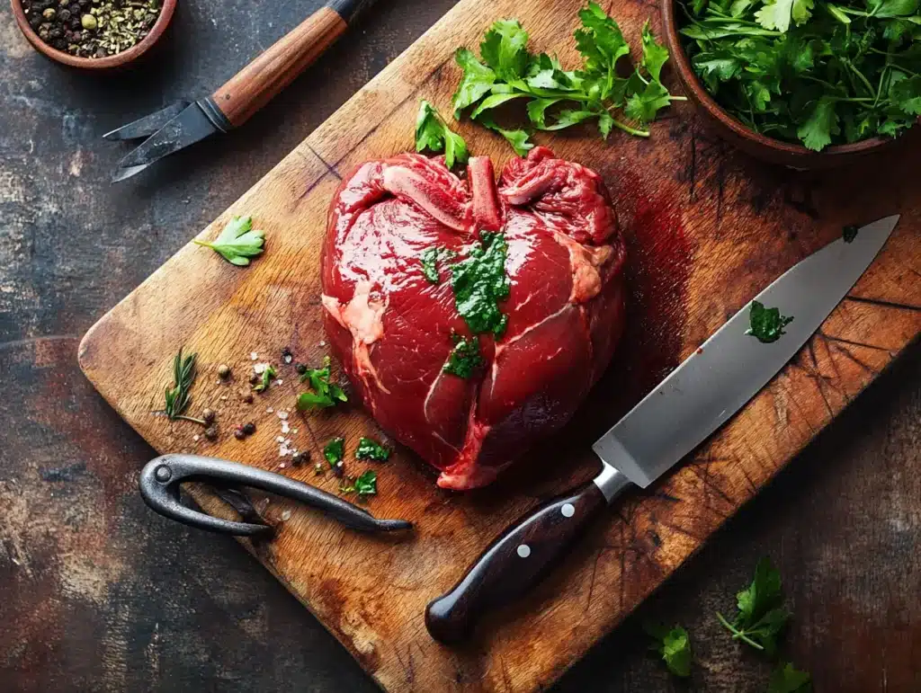 Preparing Beef Heart - Essential Tools and Steps Raw beef heart on a wooden cutting board with fresh herbs, a sharp knife, and seasoning.
