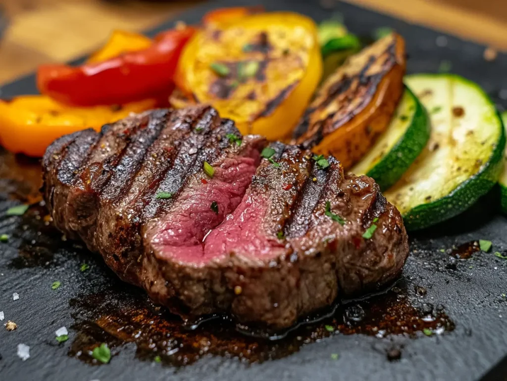 Grilling Beef Heart - Flavorful and Smoky Grilled beef heart slices with vegetables on a hot grill.