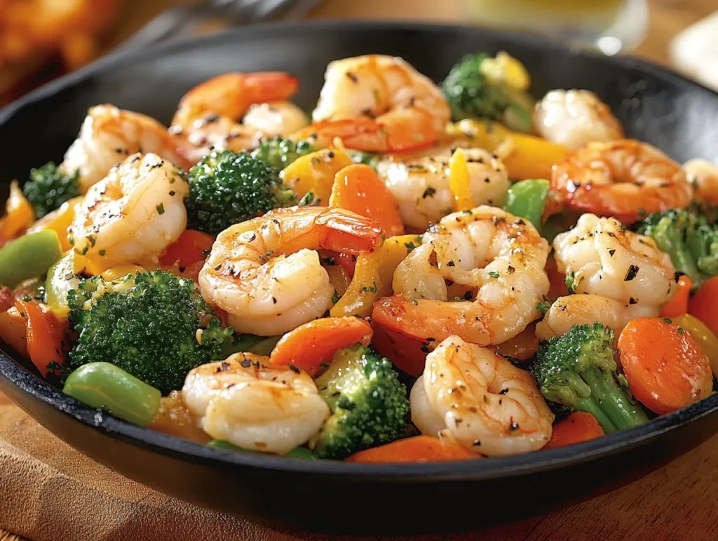 Chicken and Shrimp Stir-Fry in Wok Chicken and shrimp stir-fry with vibrant vegetables in a wok.