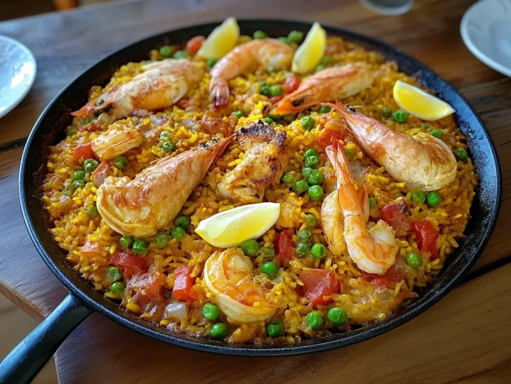 Spanish Chicken and Shrimp Paella Traditional Spanish paella with chicken and shrimp.