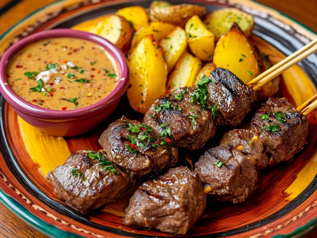 Peruvian Anticuchos - A Beef Heart Recipe Peruvian Anticuchos skewers with sauce and roasted potatoes.
