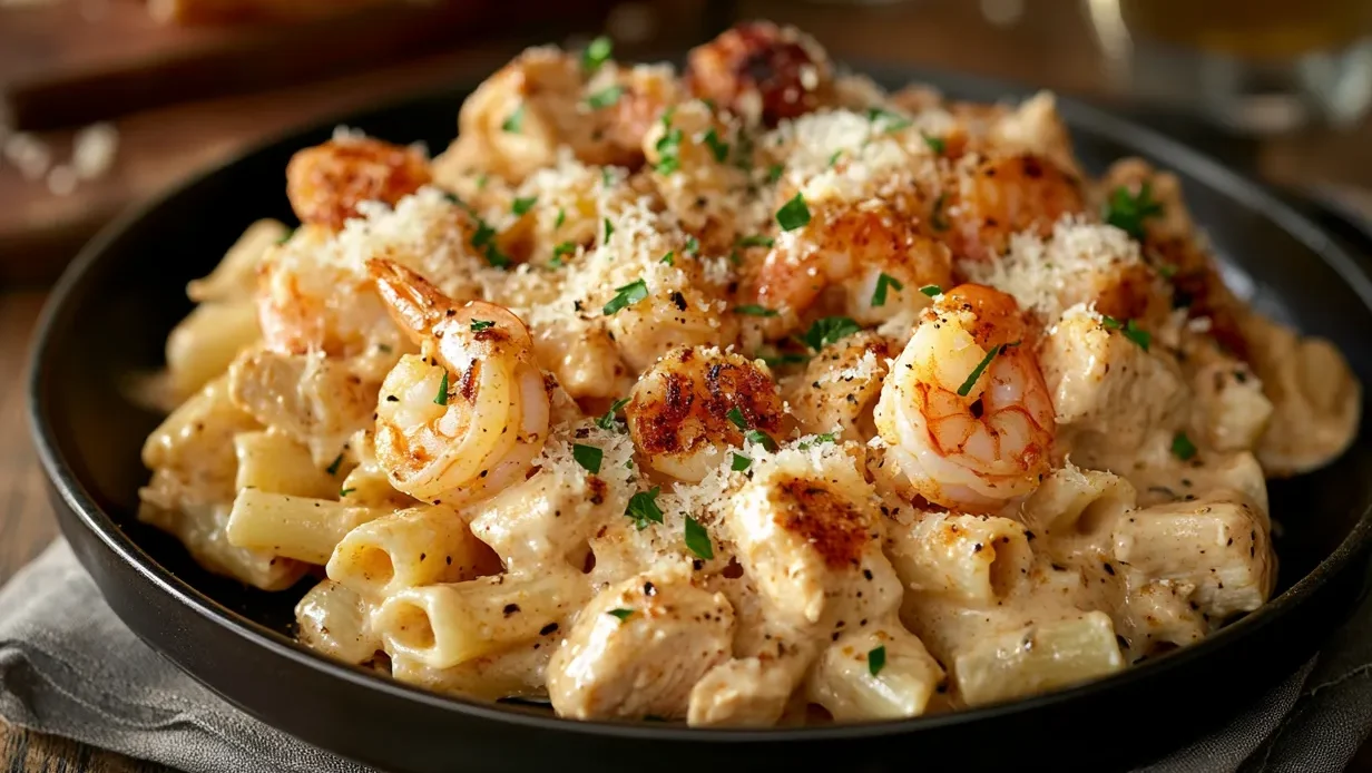 Plate of Cajun chicken and shrimp pasta on a dinner table.