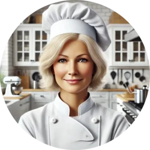 Chef Aliss wearing a white chef hat and uniform in a bright, modern kitchen with cooking equipment in the background.