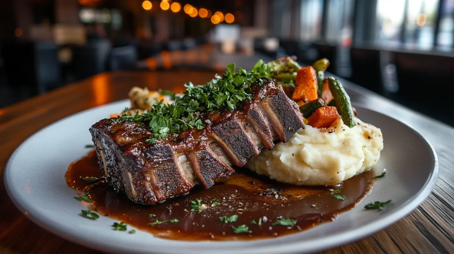 Boneless beef short ribs recipe with mashed potatoes and roasted vegetables