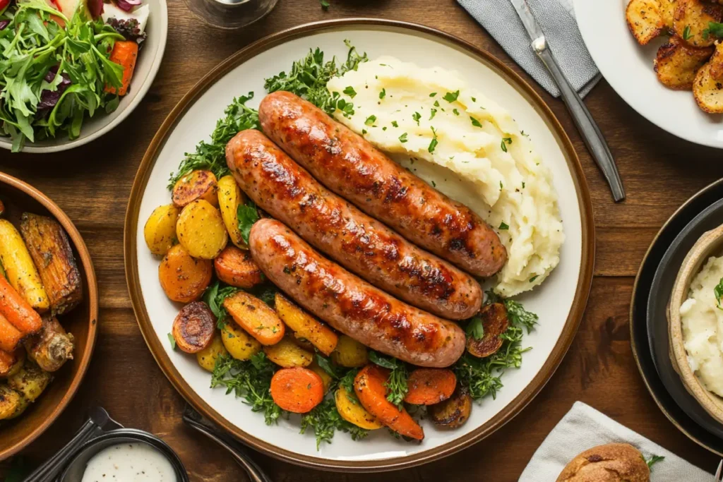 A rustic table featuring chicken sausage with delicious side dishes like roasted vegetables, mashed potatoes, and garden salad.