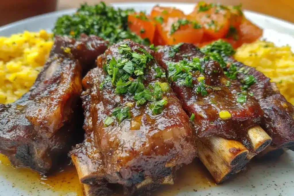Tender, glazed beef short ribs garnished with fresh herbs, served with golden rice and tomatoes on a white plate.