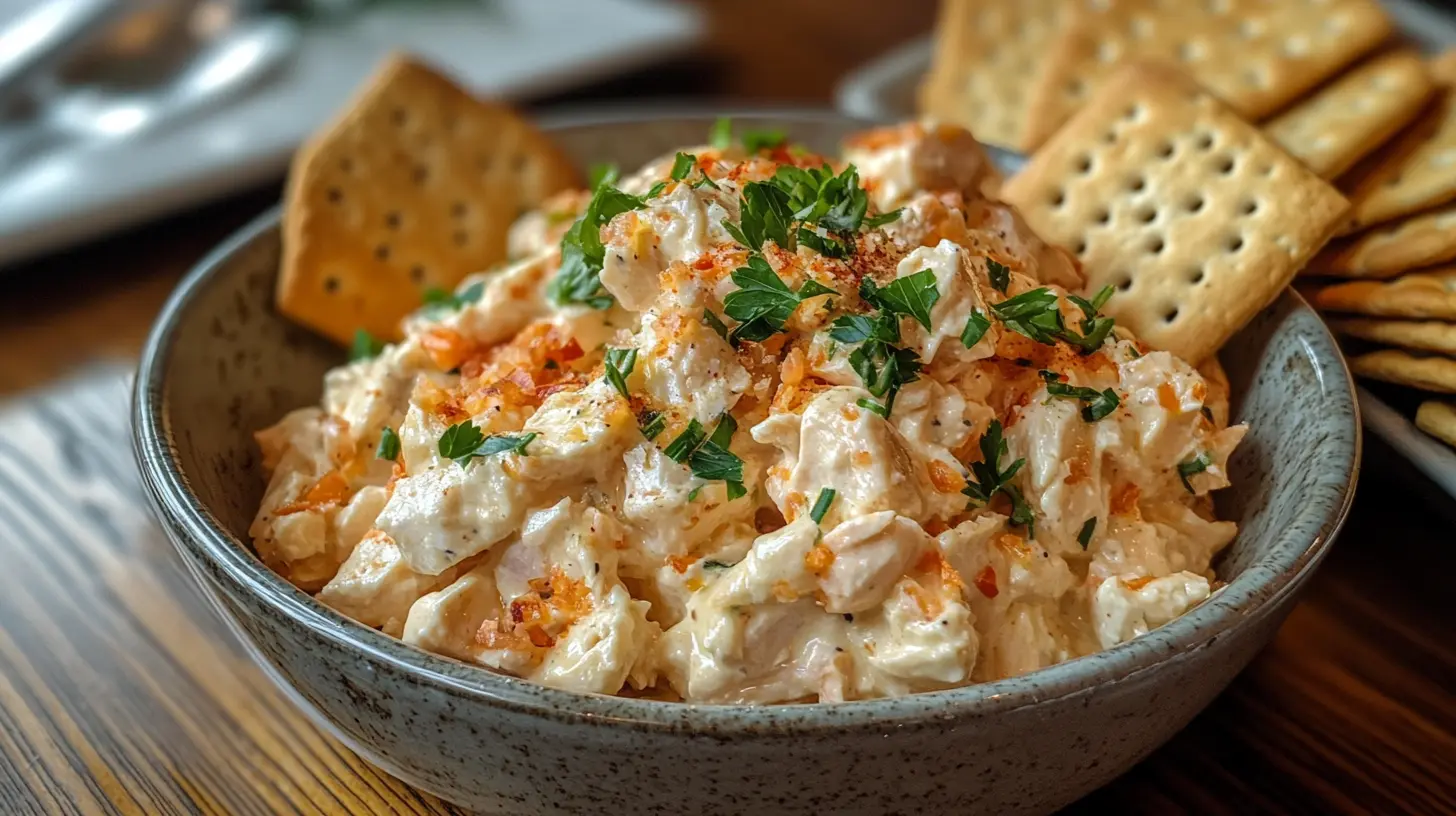 Sassy Scotty Chicken Salad served with crackers and garnished with parsley.