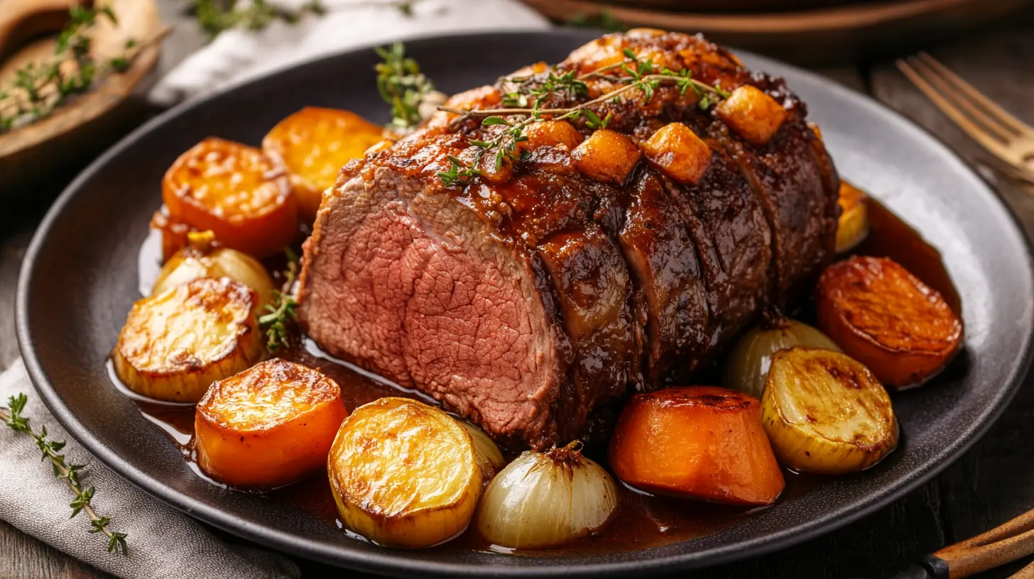 Braised chuck roast with vegetables in a home kitchen.