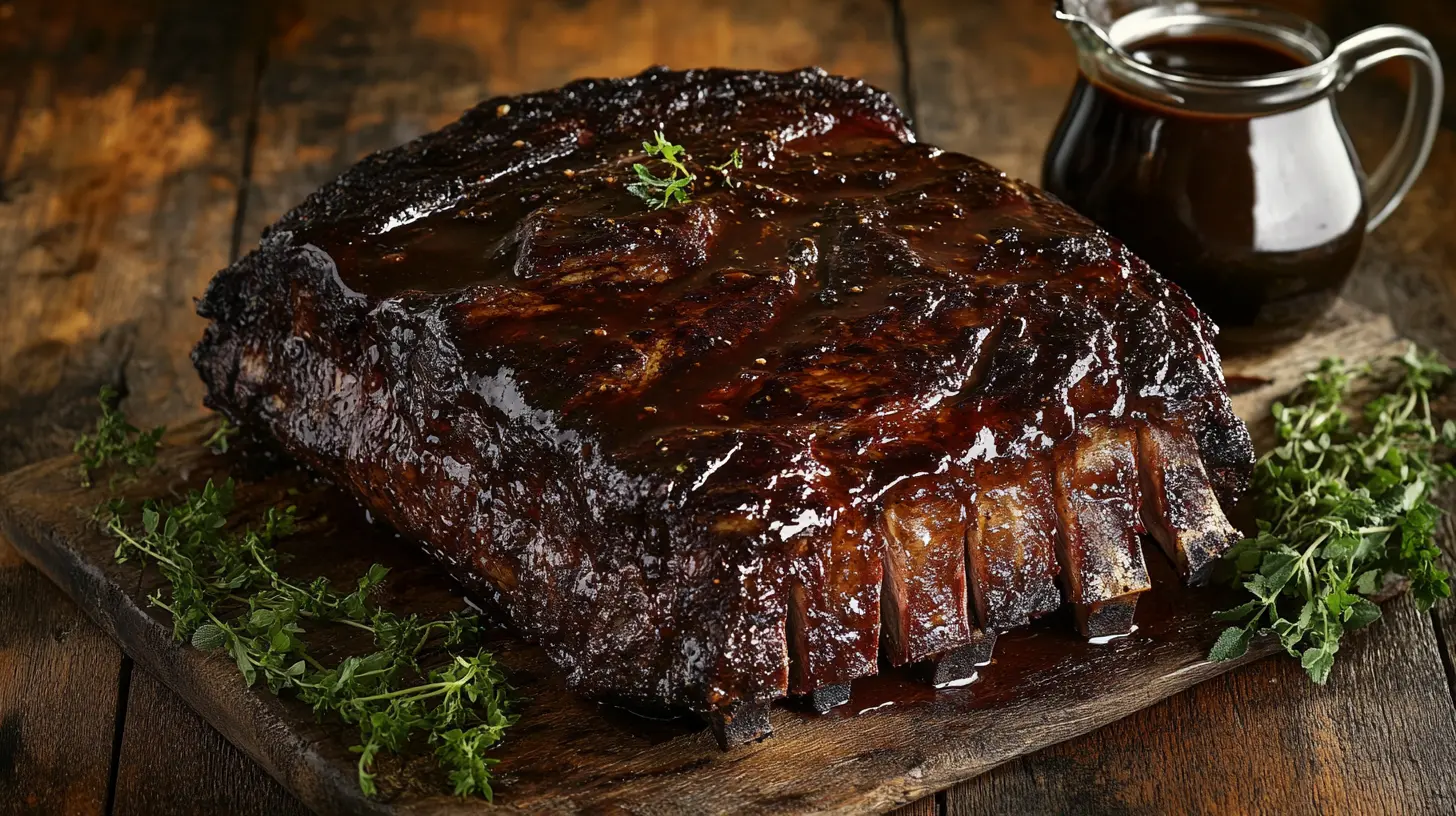 Perfectly braised chuck roast on a wooden table with herbs and braising liquid