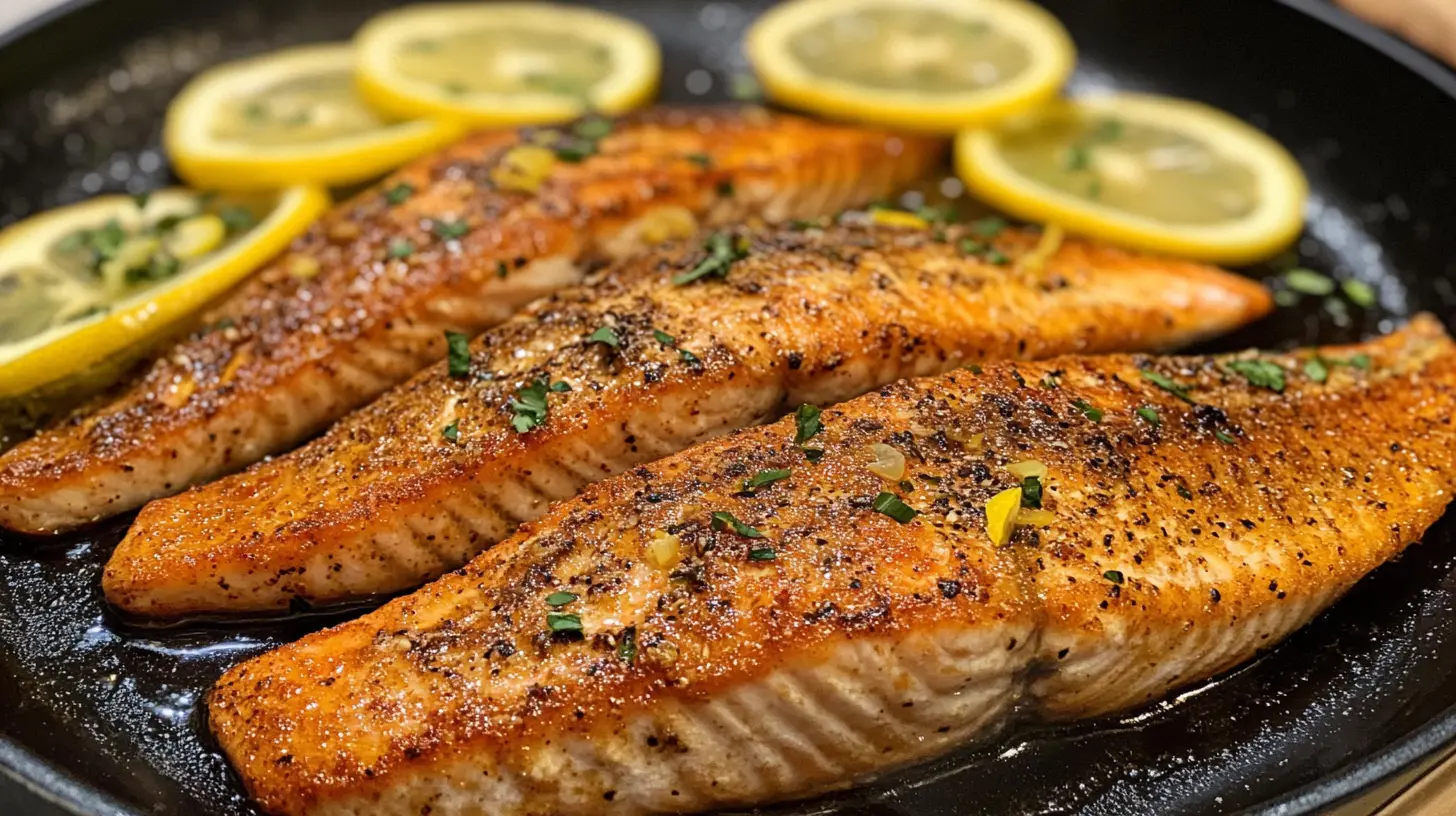 Crispy steelhead trout skin garnished with lemon slices