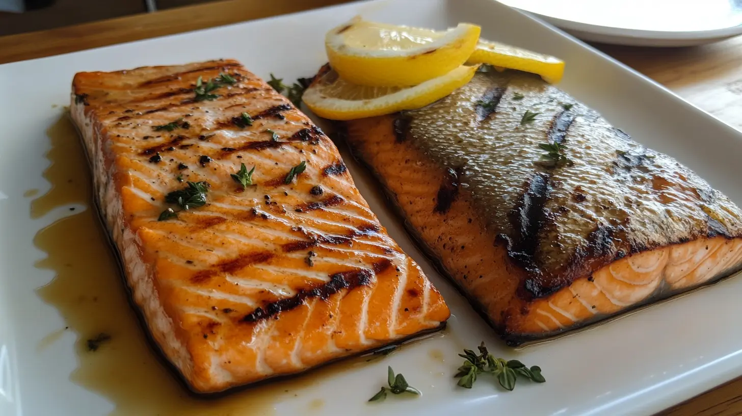 Grilled steelhead trout and salmon fillets on a plate garnished with lemon and herbs.