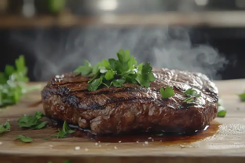 Grilled beef heart steak on a wooden board, showcasing its rich flavor and texture.
