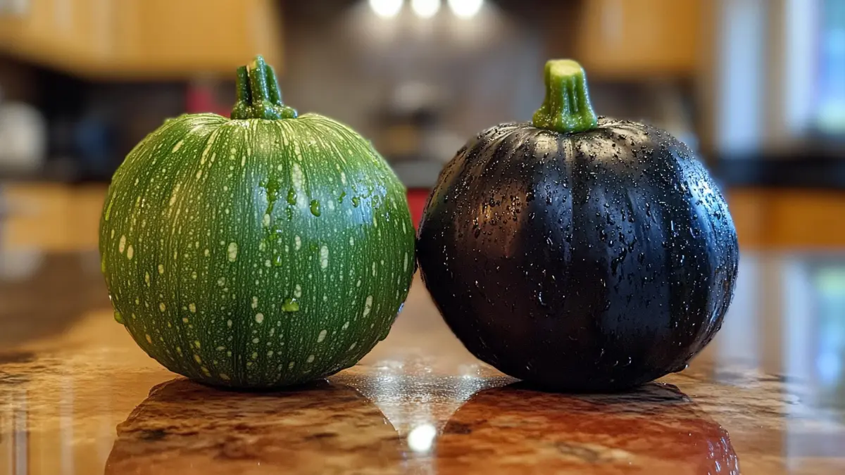 Fresh Mexican squash and zucchini side by side on a rustic countertop.