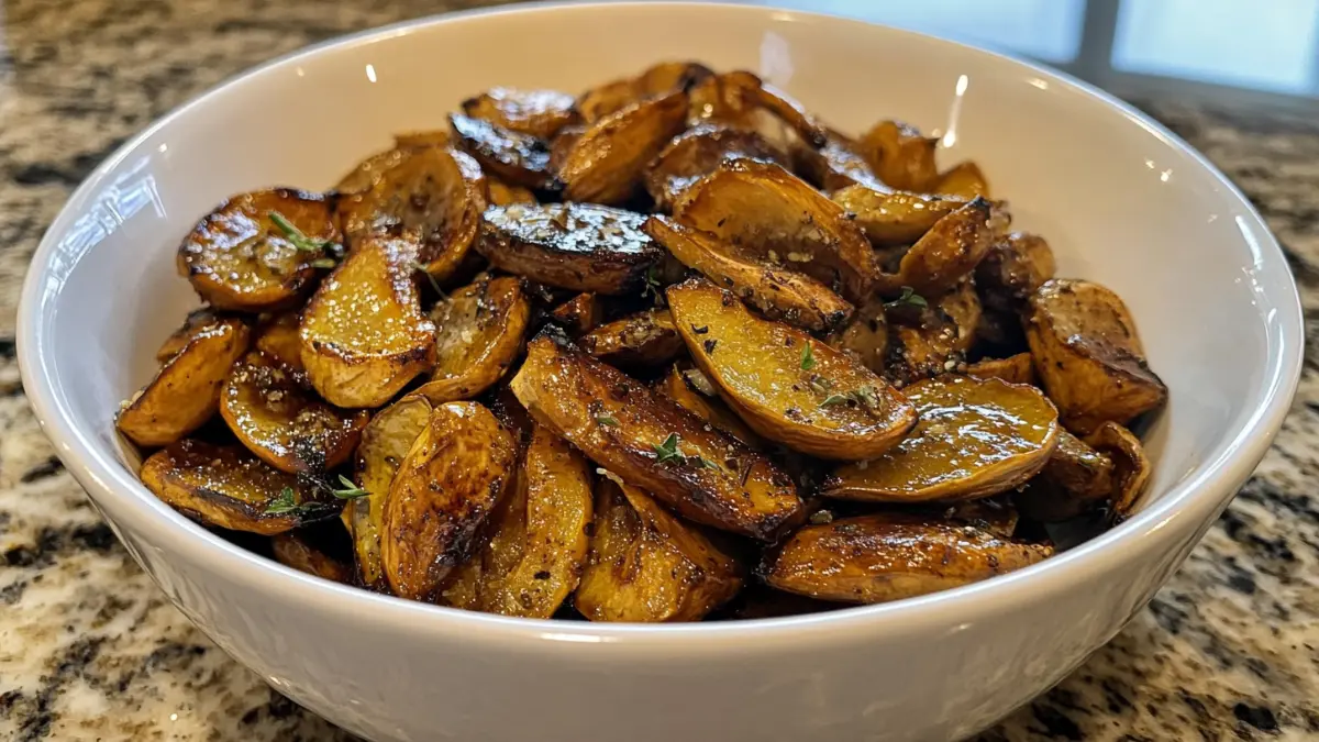 Roasted kabocha squash seeds in a ceramic bowl.