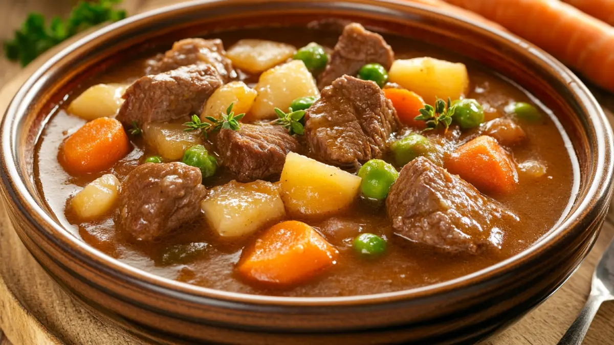 A steaming bowl of Dinty Moore beef stew with tender beef chunks and vegetables.