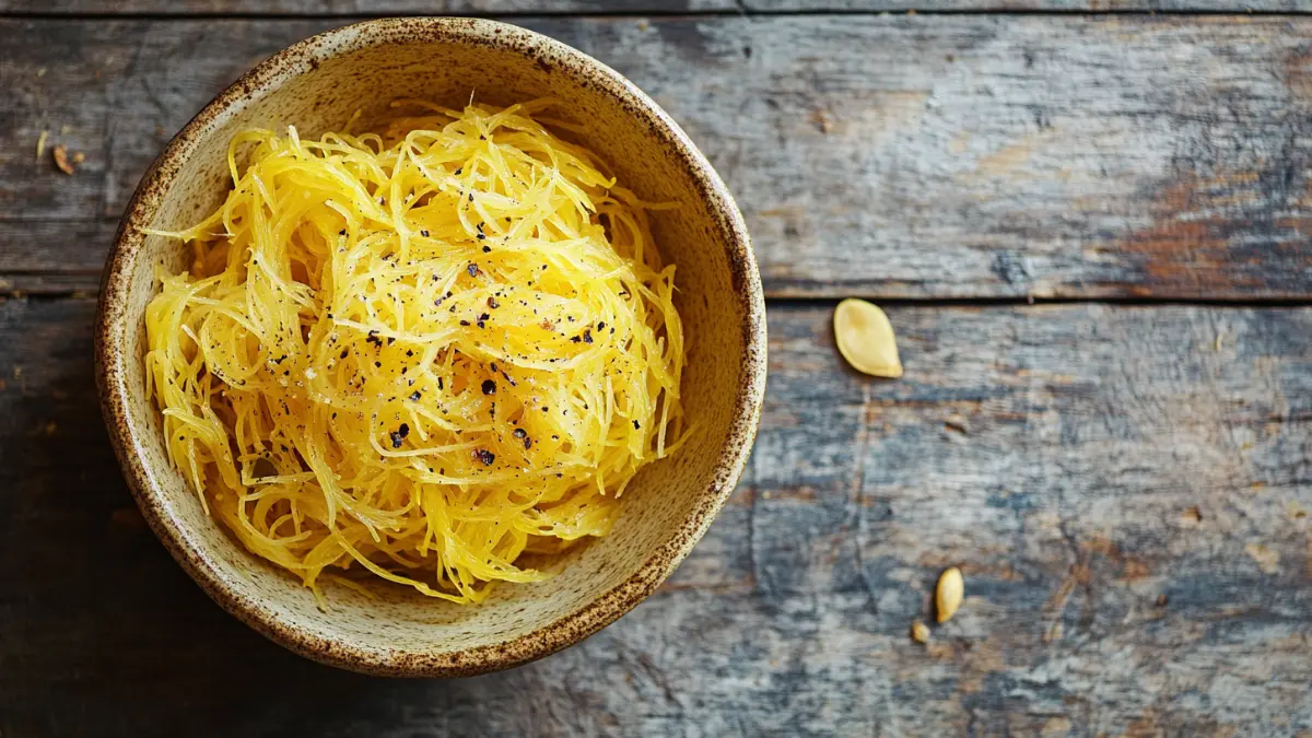 Golden roasted spaghetti squash seeds in a ceramic bowl.