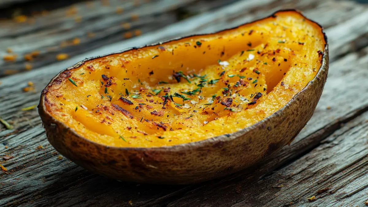 Golden roasted potato squash on a rustic table.