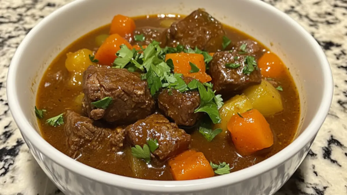 Bowl of Dinty Moore Beef Stew with tender beef and vegetables.