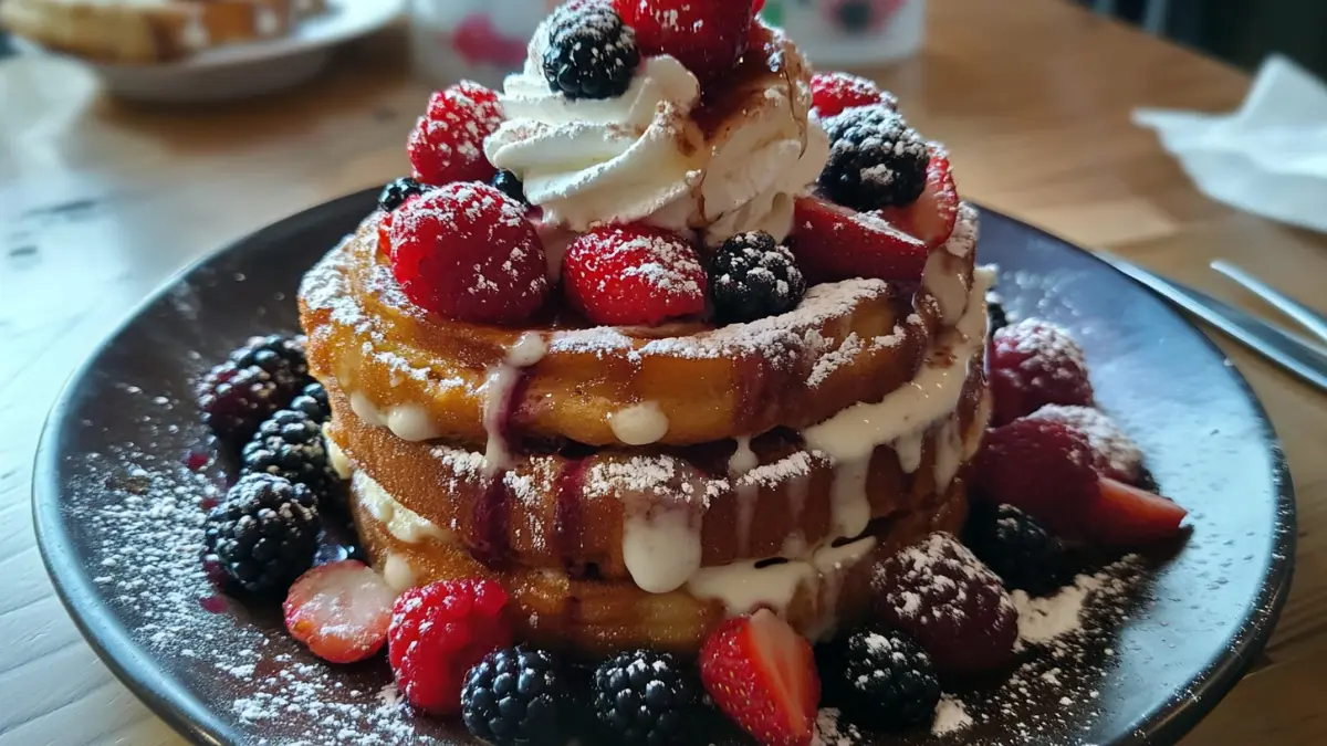 Cinnamon roll french toast with berries and whipped cream