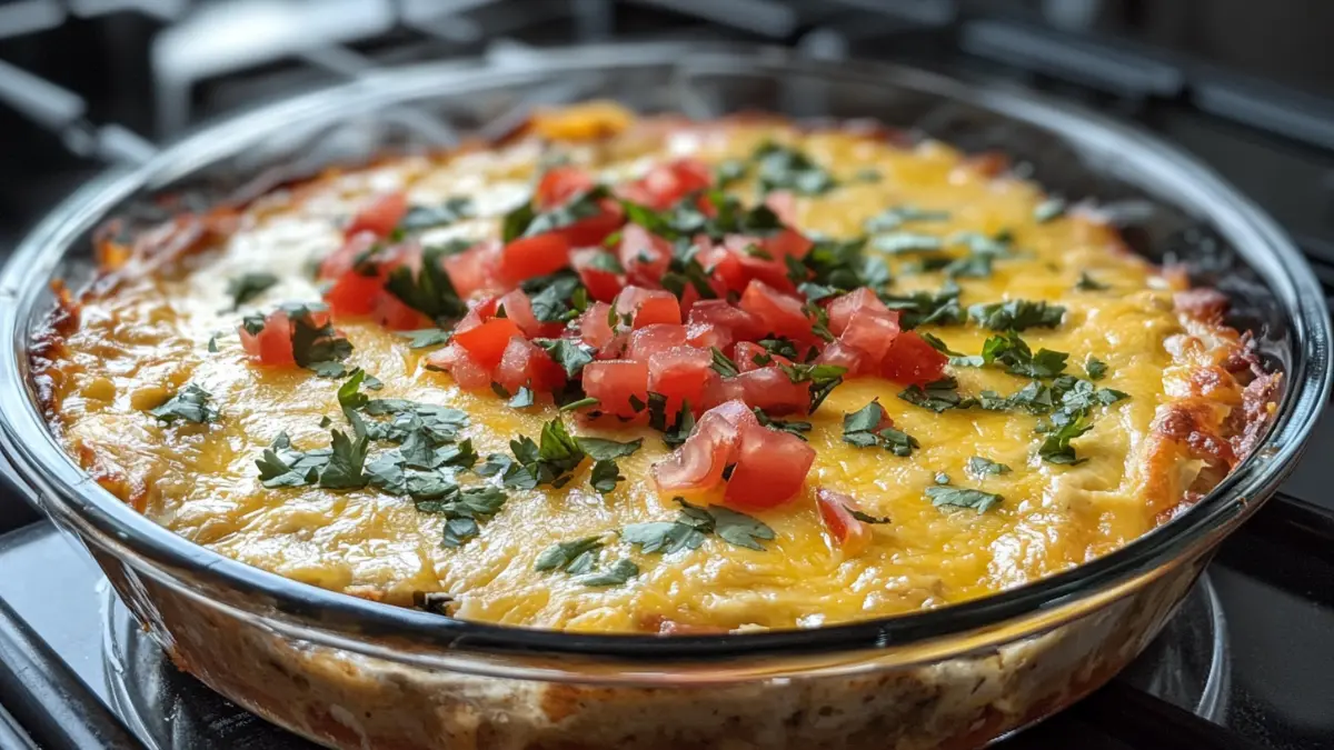 Frozen burrito casserole with melted cheese and toppings