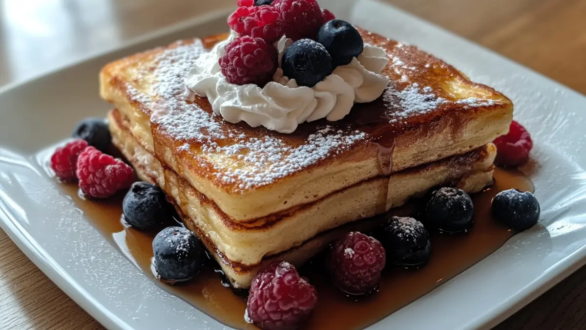 French toast pancakes with berries and syrup