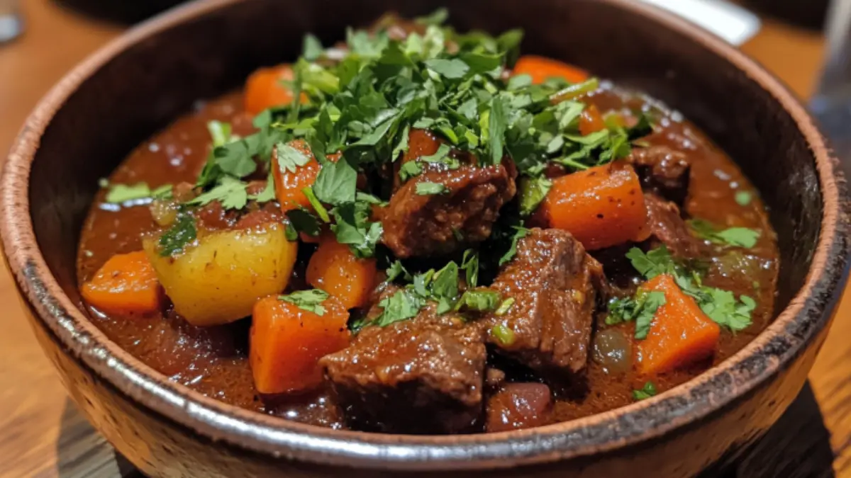 Mexican beef stew served in a rustic bowl with fresh cilantro garnish.