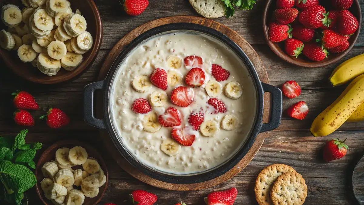 Cheesecake fondue with strawberries, bananas, and cookies.