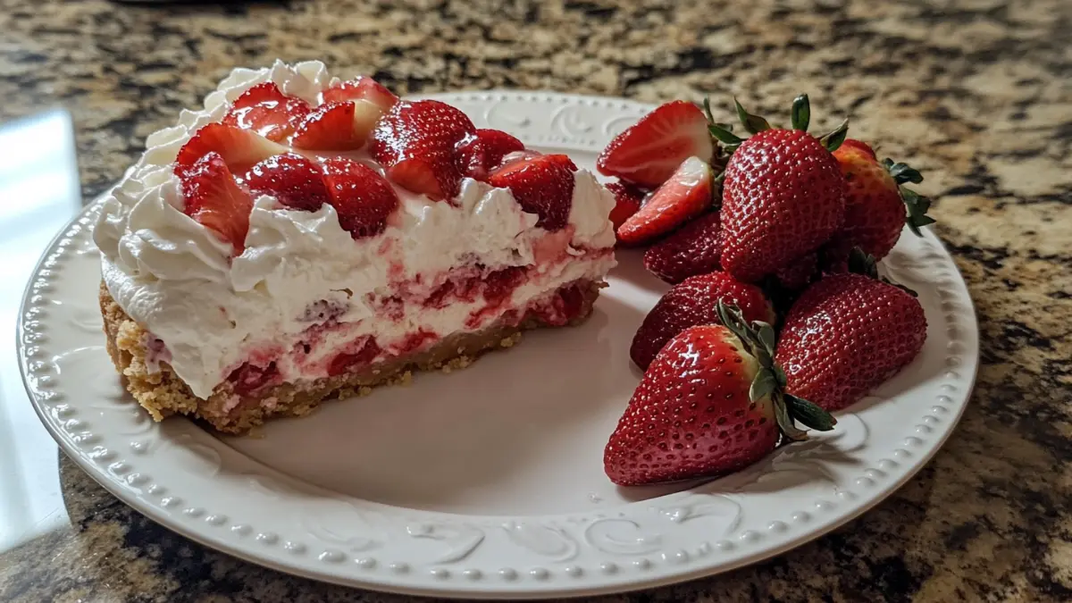 Strawberry crunch cheesecake slice with fresh strawberries and whipped cream.