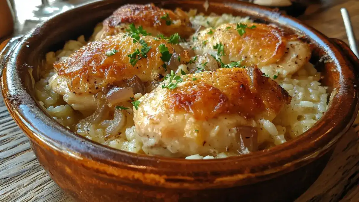 French Onion Chicken and Rice recipe served in a rustic ceramic dish.