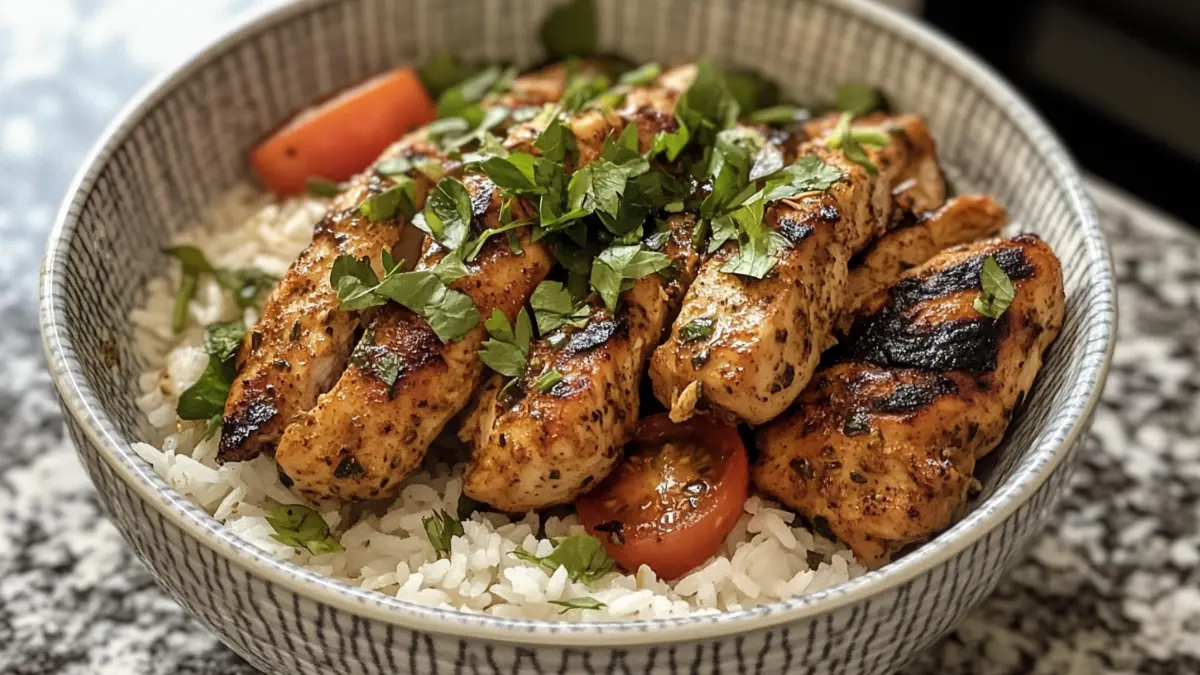 A bowl of seasoned chicken and rice with fresh herbs and spices.