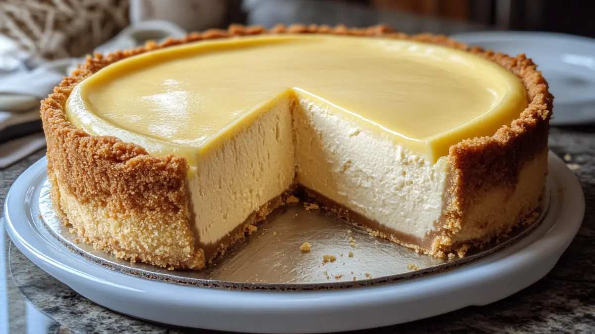 A freshly sliced New York cheesecake with a golden top and graham cracker crust.