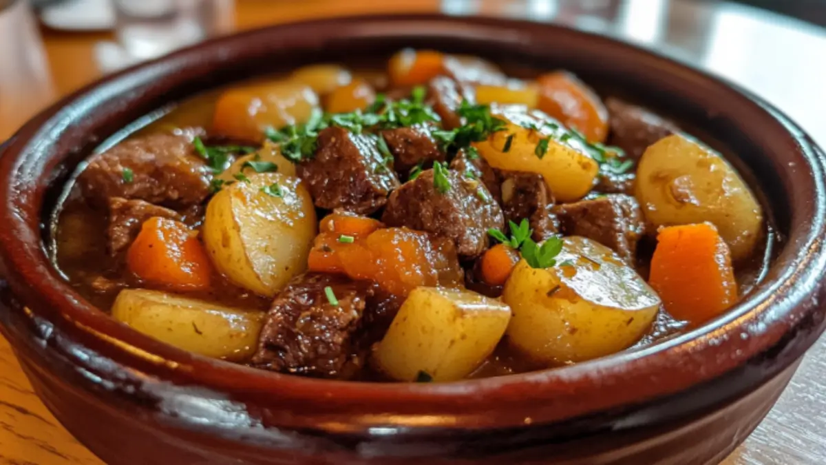 Austex Beef Stew served in a rustic bowl with vegetables.