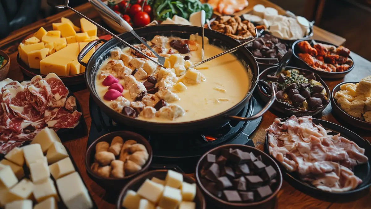 A spread featuring the four types of fondue with various dippers.