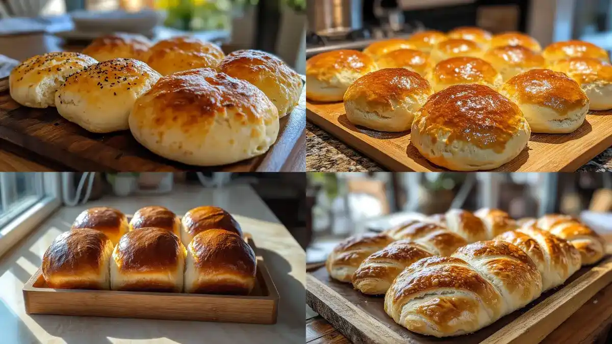 Freshly baked golden brown Gipfeli on a wooden tray.