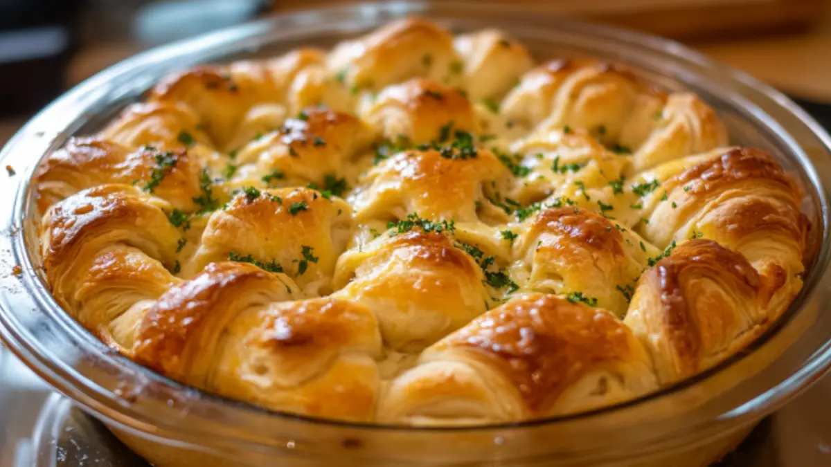 Golden crescent roll chicken pot pie in a baking dish.