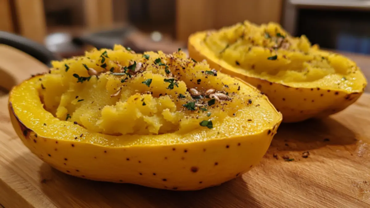 Whole and halved mashed potato squash with seeds on a wooden cutting board.