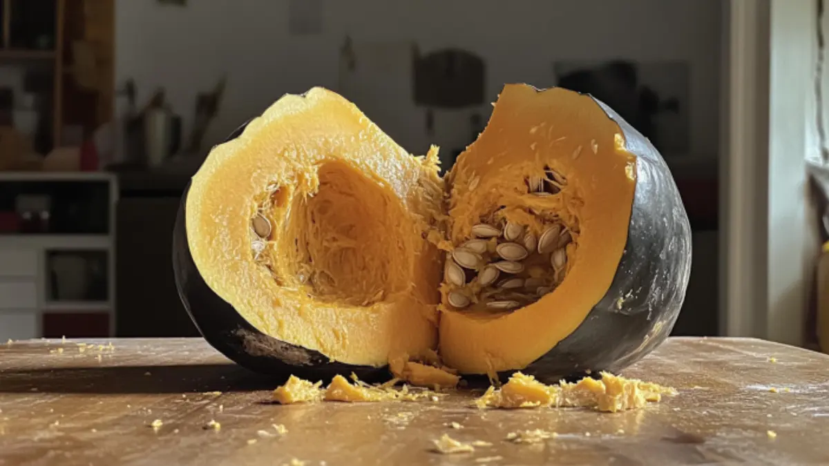 Halved kabocha squash with seeds visible on a wooden table.