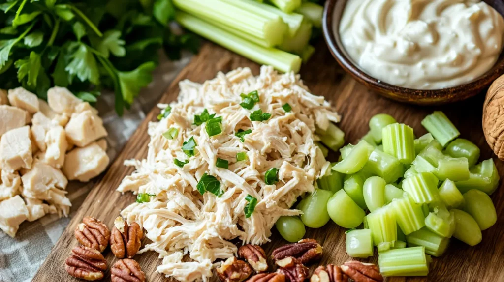 Ingredients for a Fancy Nancy Sandwich including chicken, grapes, pecans, and mayonnaise.