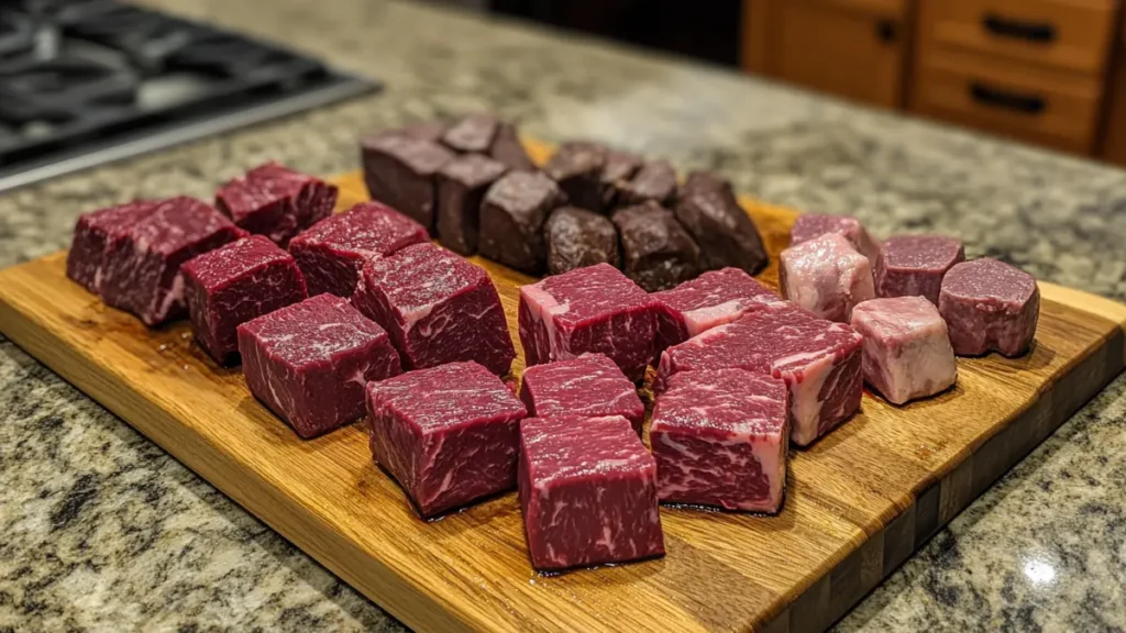 Cubed chuck roast, brisket, and round prepared for stews.