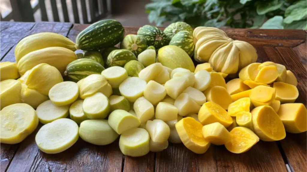 Types of Mexican squash including light green, round, and golden for calabacitas recipes.