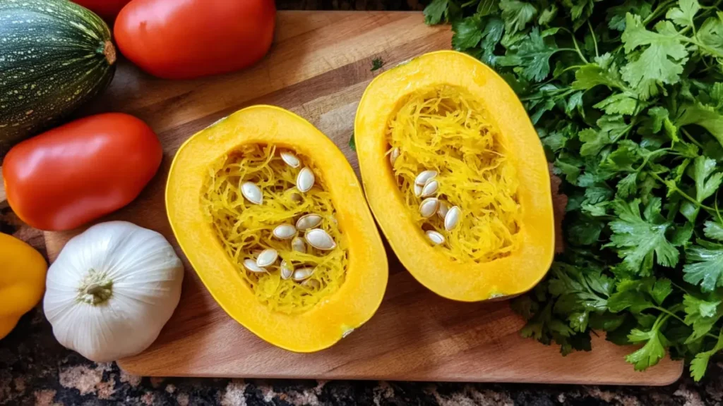 Spaghetti squash sliced in half, revealing seeds inside.
