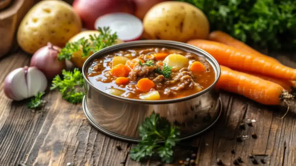 Austex Beef Stew can with fresh ingredients on a counter.