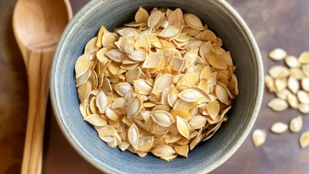 Cleaned kabocha squash seeds in a bowl, ready for cooking or planting.