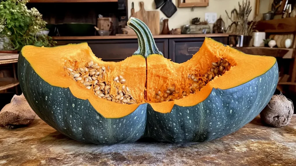 Whole kabocha squash split open, revealing seeds.